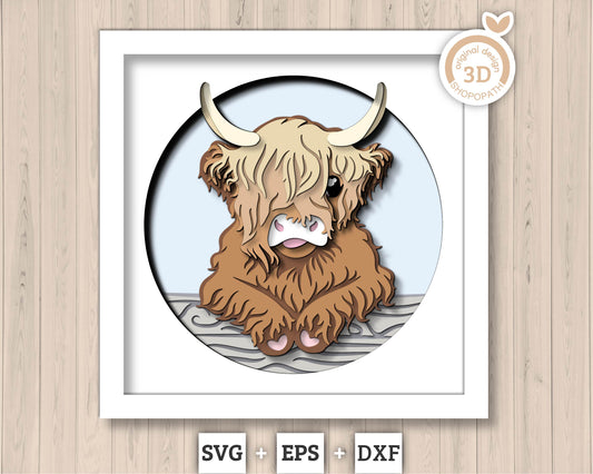 Highland Cow - 3D Shadow Box Layered SVG DXF EPS (Cutting Files)