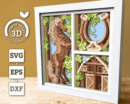 3D SVG Horse On Farm Shadow Box, 3D SVG Horse, 3D SVG Farm, 3D Svg Barn, 3D Svg Sunflower, Harvest 3D Svg, Fall 3D Svg, Cricut Silhouette