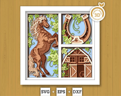 3D SVG Horse On Farm Shadow Box, 3D SVG Horse, 3D SVG Farm, 3D Svg Barn, 3D Svg Sunflower, Harvest 3D Svg, Fall 3D Svg, Cricut Silhouette