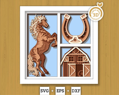 3D SVG Horse On Farm Shadow Box, 3D SVG Horse, 3D SVG Farm, 3D Svg Barn, 3D Svg Sunflower, Harvest 3D Svg, Fall 3D Svg, Cricut Silhouette