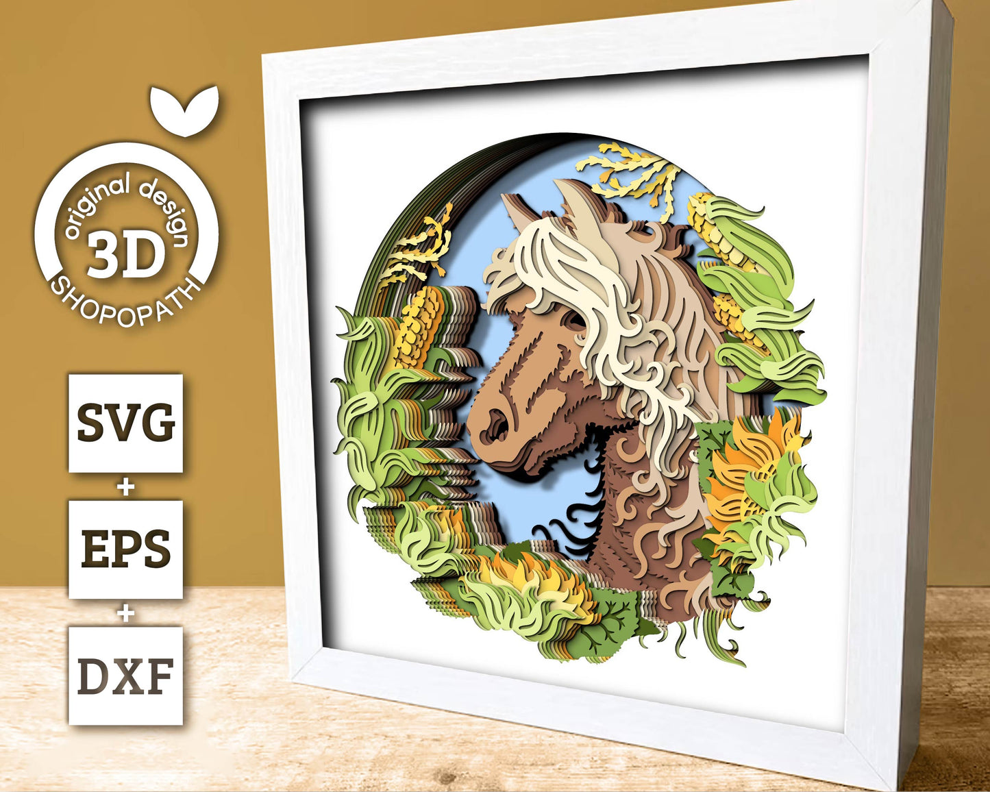 Horse Head with Corn and Sunflowers - 3D Shadow Box Layered SVG DXF EPS (Cutting Files)