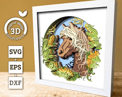 Horse Head with Corn and Sunflowers - 3D Shadow Box Layered SVG DXF EPS (Cutting Files)