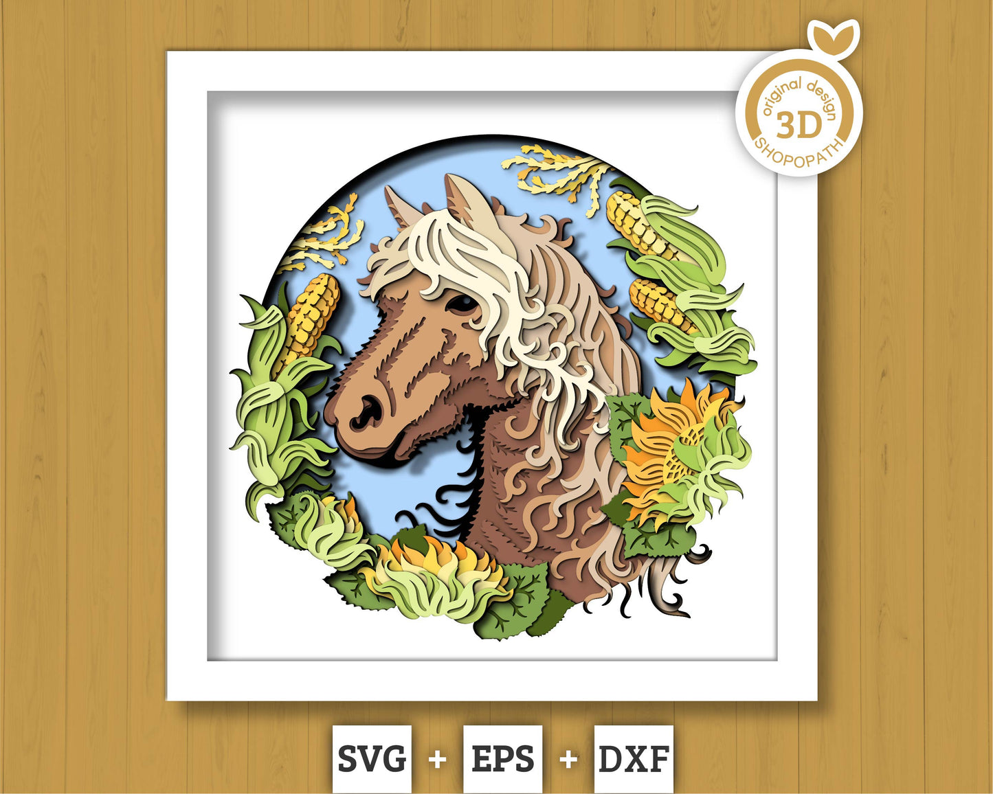 Horse Head with Corn and Sunflowers - 3D Shadow Box Layered SVG DXF EPS (Cutting Files)