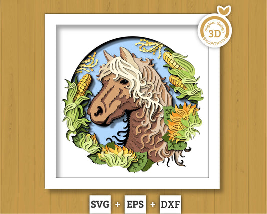 Horse Head with Corn and Sunflowers - 3D Shadow Box Layered SVG DXF EPS (Cutting Files)