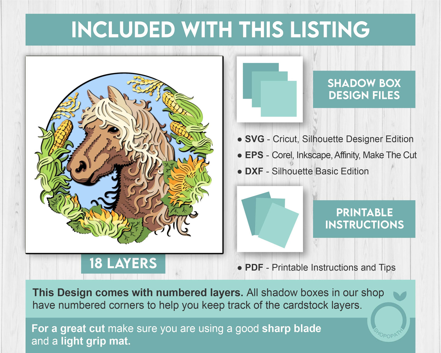 Horse Head with Corn and Sunflowers - 3D Shadow Box Layered SVG DXF EPS (Cutting Files)