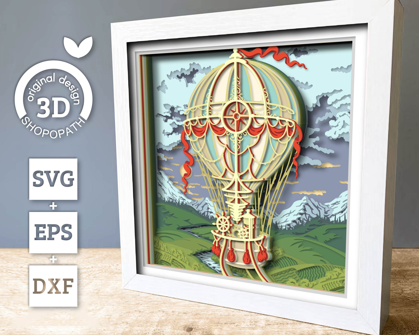 Hot Air Balloon Over Landscape - 3D Shadow Box Layered SVG DXF EPS (Cutting Files)