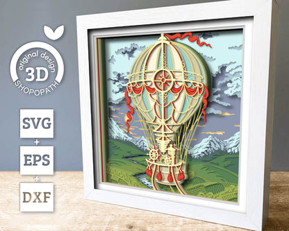 Hot Air Balloon Over Landscape - 3D Shadow Box Layered SVG DXF EPS (Cutting Files)