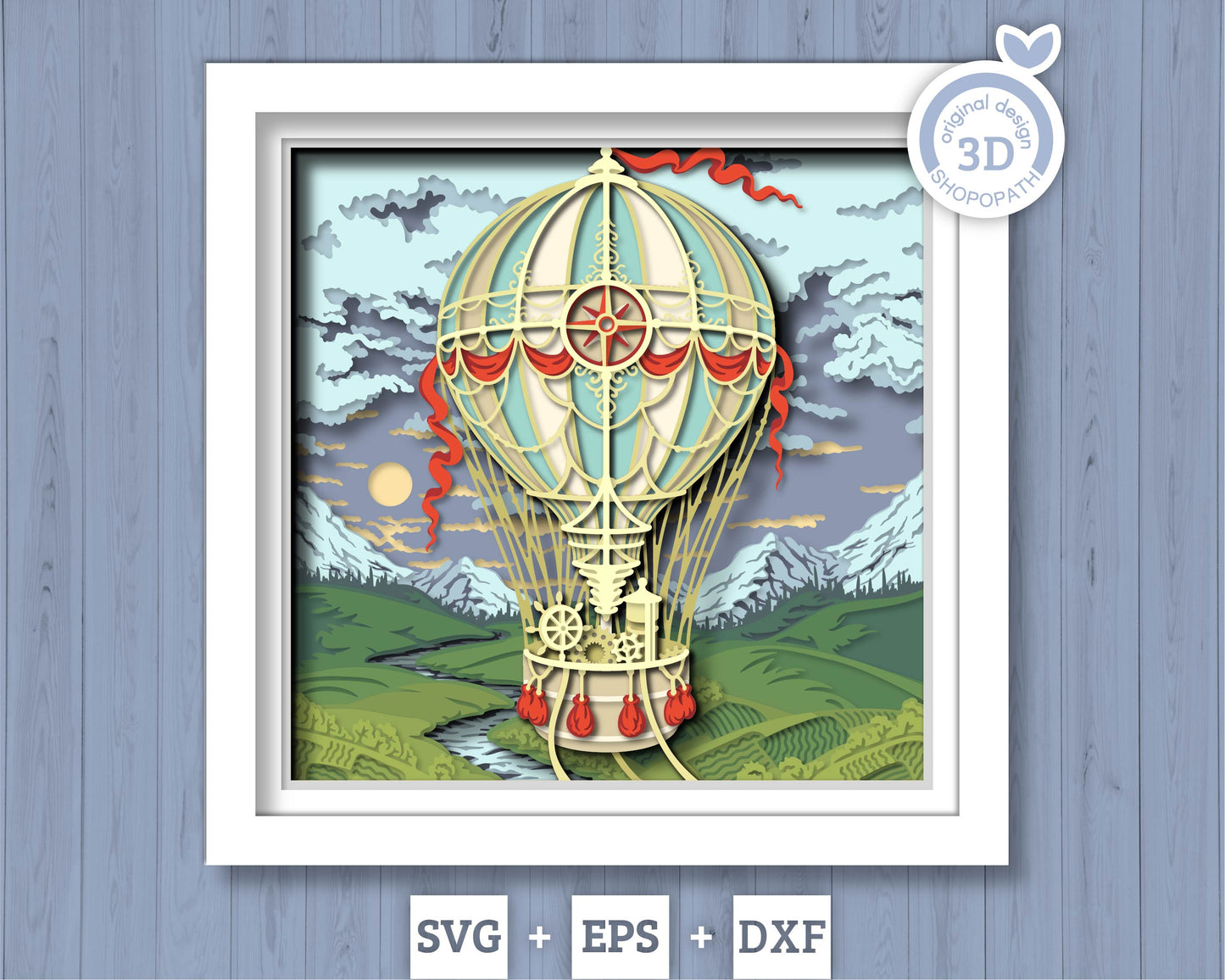 Hot Air Balloon Over Landscape - 3D Shadow Box Layered SVG DXF EPS (Cutting Files)