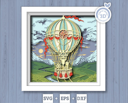 Hot Air Balloon Over Landscape - 3D Shadow Box Layered SVG DXF EPS (Cutting Files)