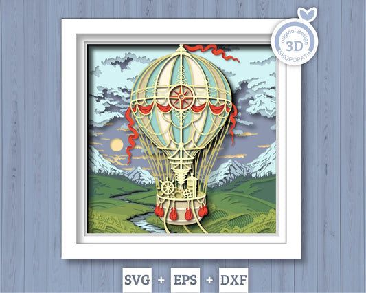 Hot Air Balloon Over Landscape - 3D Shadow Box Layered SVG DXF EPS (Cutting Files)
