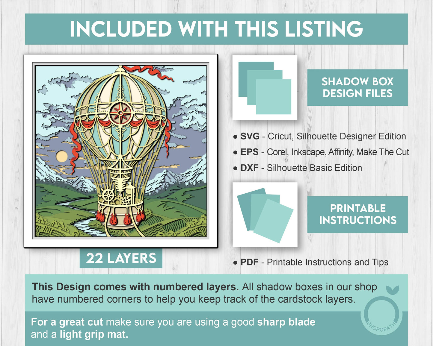 Hot Air Balloon Over Landscape - 3D Shadow Box Layered SVG DXF EPS (Cutting Files)