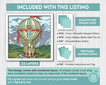 Hot Air Balloon Over Landscape - 3D Shadow Box Layered SVG DXF EPS (Cutting Files)