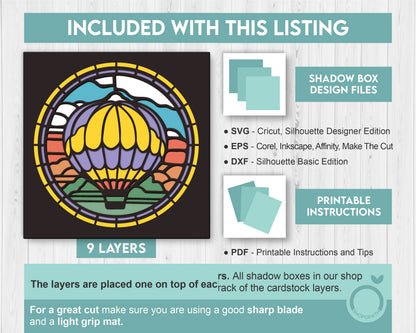 3D SVG Stained Glass Hot Air Balloon Shadow Box, Desert 3D Svg Stained Glass Papercut 3d Svg Home Decor SVG Shadow Box svg Cricut Silhouette