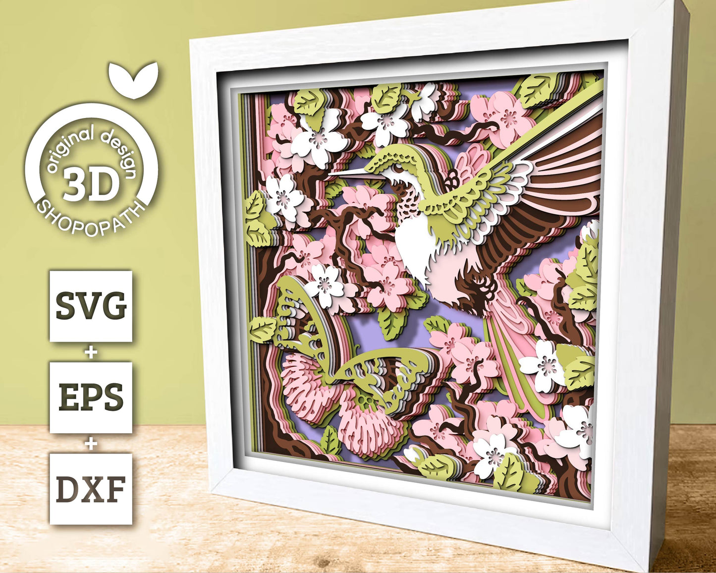 Hummingbird And Pink Forester Butterfly with Blossoms - 3D Shadow Box Layered SVG DXF EPS (Cutting Files)