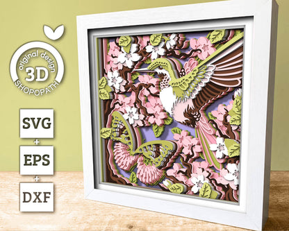 Hummingbird And Pink Forester Butterfly with Blossoms - 3D Shadow Box Layered SVG DXF EPS (Cutting Files)