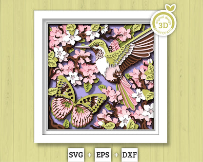 Hummingbird And Pink Forester Butterfly with Blossoms - 3D Shadow Box Layered SVG DXF EPS (Cutting Files)