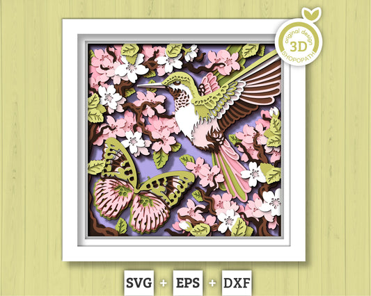Hummingbird And Pink Forester Butterfly with Blossoms - 3D Shadow Box Layered SVG DXF EPS (Cutting Files)