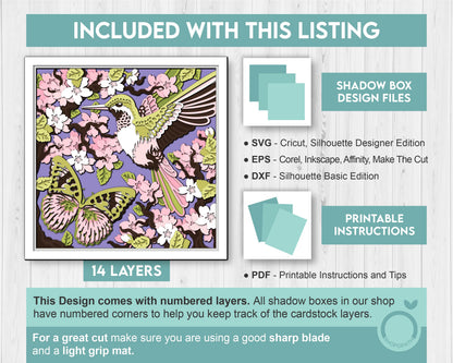Hummingbird And Pink Forester Butterfly with Blossoms - 3D Shadow Box Layered SVG DXF EPS (Cutting Files)