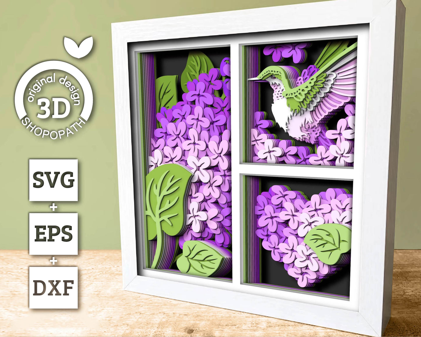 Hummingbird Lilac Spring Flower Panels - 3D Shadow Box Layered SVG DXF EPS (Cutting Files)