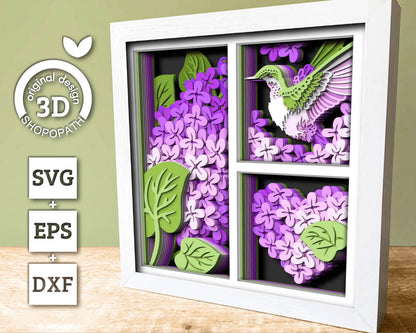 Hummingbird Lilac Spring Flower Panels - 3D Shadow Box Layered SVG DXF EPS (Cutting Files)