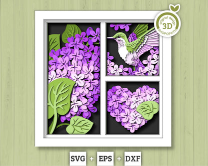 Hummingbird Lilac Spring Flower Panels - 3D Shadow Box Layered SVG DXF EPS (Cutting Files)