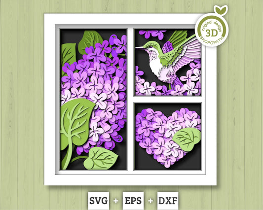 Hummingbird Lilac Spring Flower Panels - 3D Shadow Box Layered SVG DXF EPS (Cutting Files)