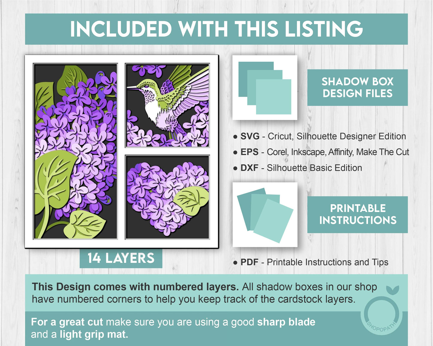 Hummingbird Lilac Spring Flower Panels - 3D Shadow Box Layered SVG DXF EPS (Cutting Files)