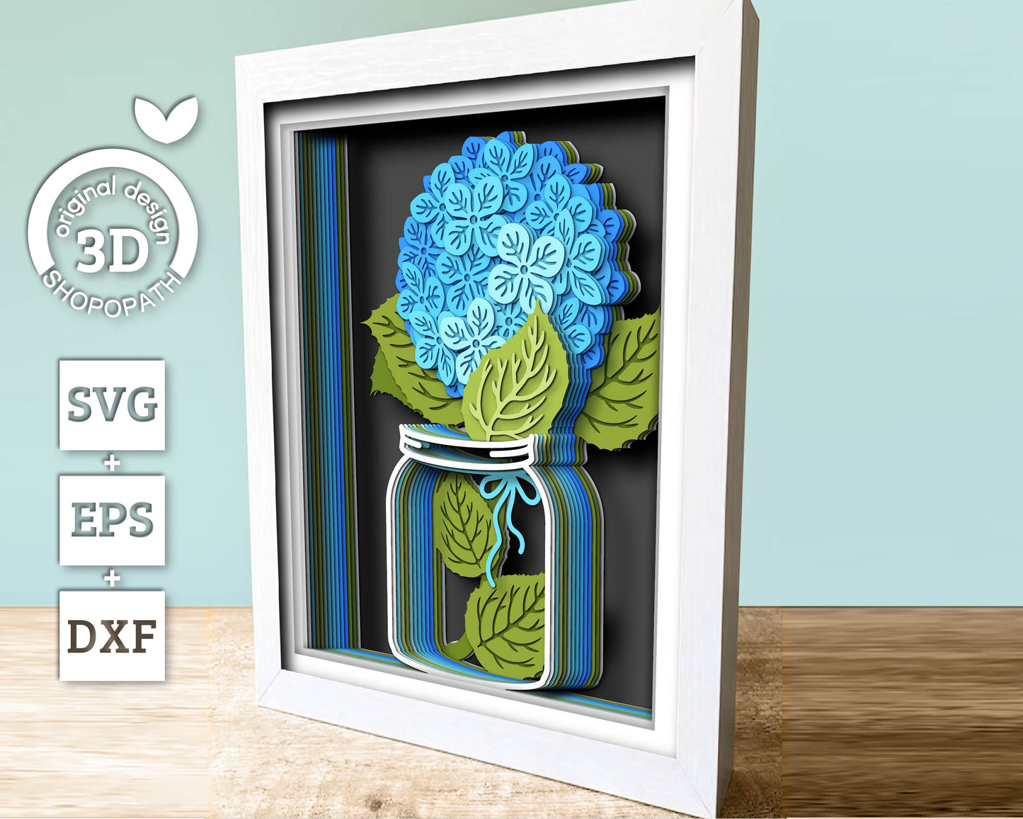 3D Hydrangea Flowers Shadow Box SVG, 8x10 inch Layered Hortensia 3D Svg, 3D Summer Shadow Box Svg, 3D Flowers SVG 3D, Cricut Silhouette