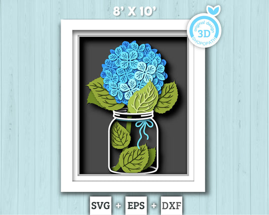 3D Hydrangea Flowers Shadow Box SVG, 8x10 inch Layered Hortensia 3D Svg, 3D Summer Shadow Box Svg, 3D Flowers SVG 3D, Cricut Silhouette