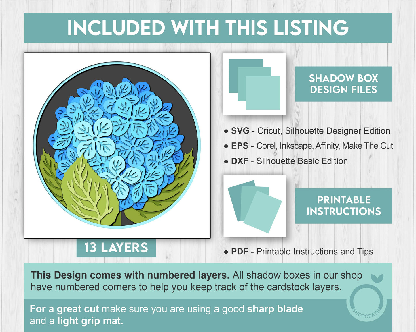 3D Hydrangea Branch Flowers Shadow Box SVG, 3D Summer SVG, 3D Hydrangea Flowers svg, 3d Flowers svg, 3D Floral SVG, Cricut Silhouette