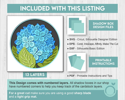 3D Hydrangea Branch Flowers Shadow Box SVG, 3D Summer SVG, 3D Hydrangea Flowers svg, 3d Flowers svg, 3D Floral SVG, Cricut Silhouette