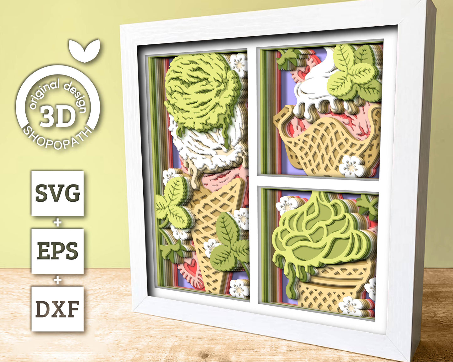 3D SVG Ice Cream Shadow Box SVG, 3d SVG Ice Cream, Summer Shadow Box, Strawberries 3D Svg, Flowers 3d svg, Summer 3d svg Cricut Silhouette