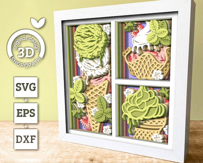 3D SVG Ice Cream Shadow Box SVG, 3d SVG Ice Cream, Summer Shadow Box, Strawberries 3D Svg, Flowers 3d svg, Summer 3d svg Cricut Silhouette