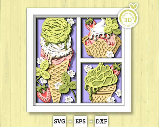 3D SVG Ice Cream Shadow Box SVG, 3d SVG Ice Cream, Summer Shadow Box, Strawberries 3D Svg, Flowers 3d svg, Summer 3d svg Cricut Silhouette