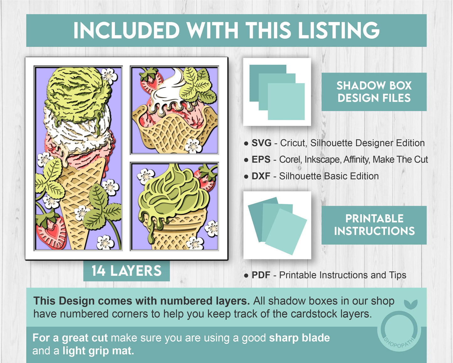 3D SVG Ice Cream Shadow Box SVG, 3d SVG Ice Cream, Summer Shadow Box, Strawberries 3D Svg, Flowers 3d svg, Summer 3d svg Cricut Silhouette