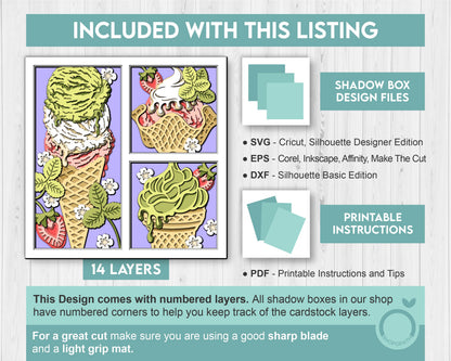 3D SVG Ice Cream Shadow Box SVG, 3d SVG Ice Cream, Summer Shadow Box, Strawberries 3D Svg, Flowers 3d svg, Summer 3d svg Cricut Silhouette