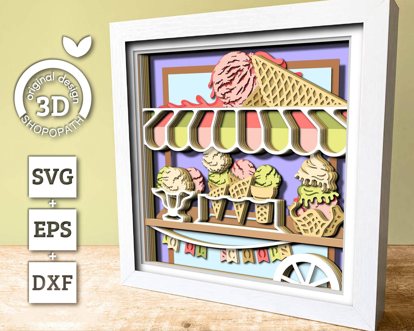 3D SVG Ice Cream Stand Shadow Box SVG, 3d SVG Ice Cream, Ice Cream Scoops 3D Svg, Ice Cream Cart 3d svg, Summer 3d svg Cricut Silhouette