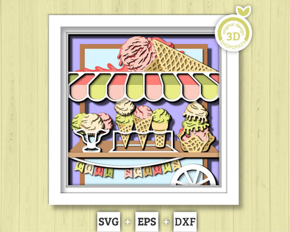 3D SVG Ice Cream Stand Shadow Box SVG, 3d SVG Ice Cream, Ice Cream Scoops 3D Svg, Ice Cream Cart 3d svg, Summer 3d svg Cricut Silhouette