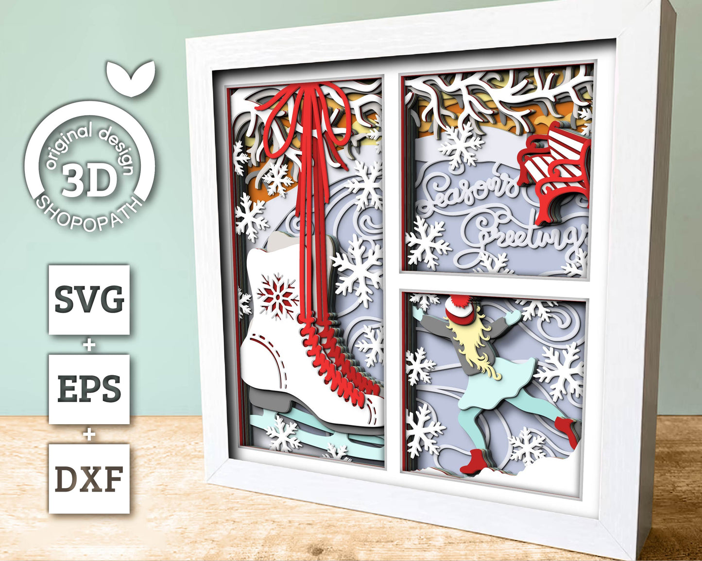 3D SVG Ice Skating Shadow Box, Layered Winter Shadow Box Svg, Snowflakes 3D Svg, Skates 3d Svg Christmas Shadow Box svg Cricut Silhouette