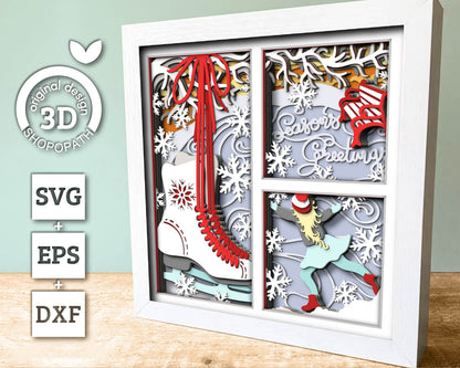 3D SVG Ice Skating Shadow Box, Layered Winter Shadow Box Svg, Snowflakes 3D Svg, Skates 3d Svg Christmas Shadow Box svg Cricut Silhouette
