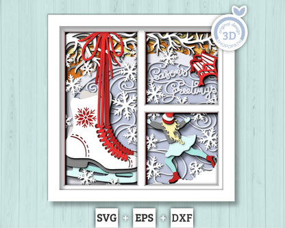 3D SVG Ice Skating Shadow Box, Layered Winter Shadow Box Svg, Snowflakes 3D Svg, Skates 3d Svg Christmas Shadow Box svg Cricut Silhouette