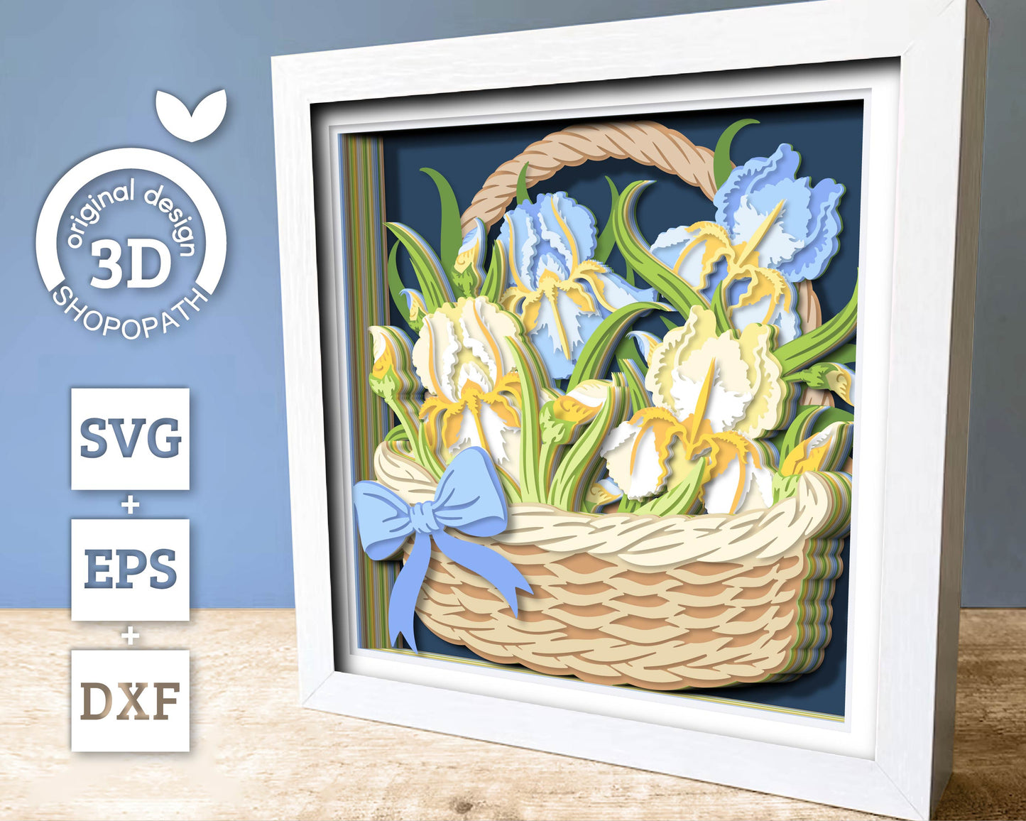 Iris Flowers in Basket - 3D Shadow Box Layered SVG DXF EPS (Cutting Files)
