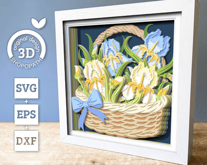 Iris Flowers in Basket - 3D Shadow Box Layered SVG DXF EPS (Cutting Files)