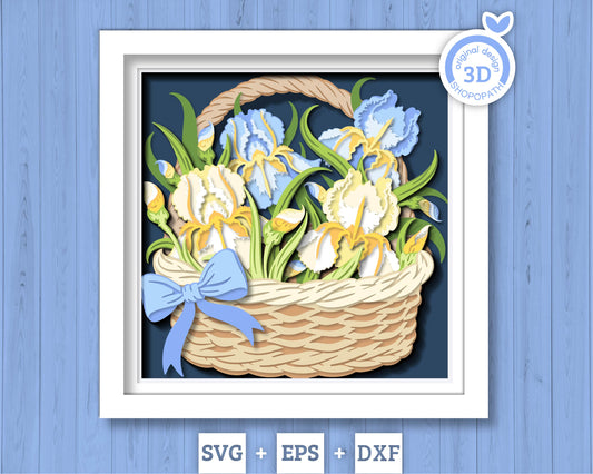 Iris Flowers in Basket - 3D Shadow Box Layered SVG DXF EPS (Cutting Files)