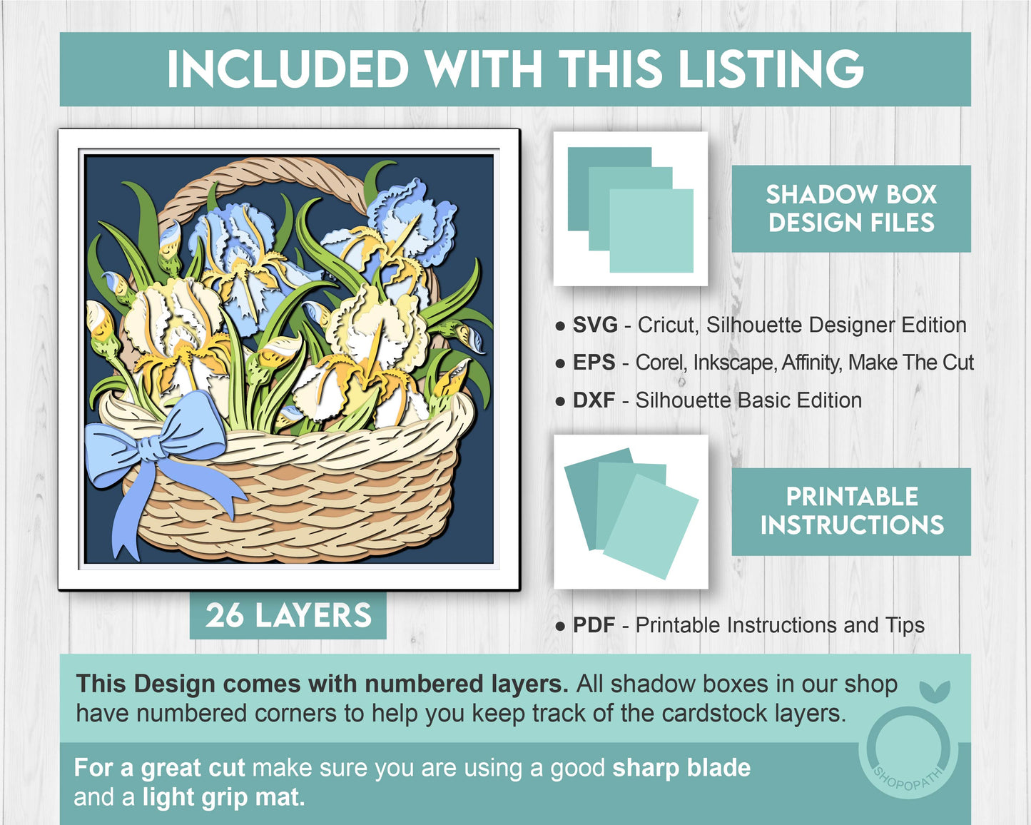 Iris Flowers in Basket - 3D Shadow Box Layered SVG DXF EPS (Cutting Files)
