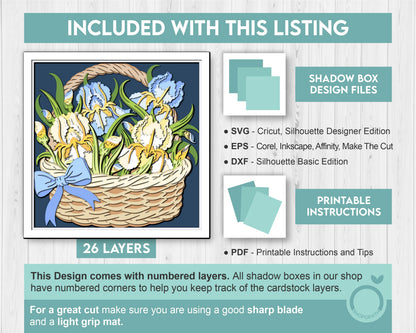 Iris Flowers in Basket - 3D Shadow Box Layered SVG DXF EPS (Cutting Files)