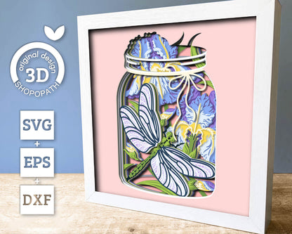 Dragonfly with Iris in Jar - 3D Shadow Box Layered SVG DXF EPS (Cutting Files)