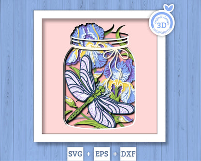 Dragonfly with Iris in Jar - 3D Shadow Box Layered SVG DXF EPS (Cutting Files)