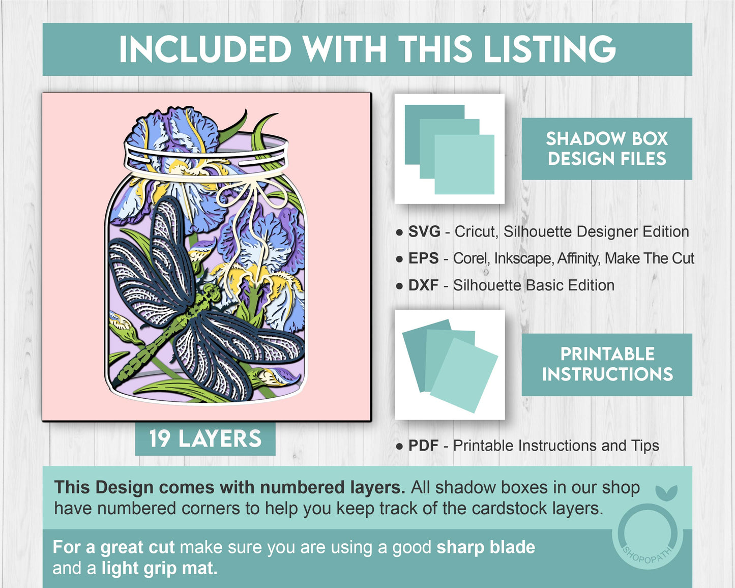 Dragonfly with Iris in Jar - 3D Shadow Box Layered SVG DXF EPS (Cutting Files)