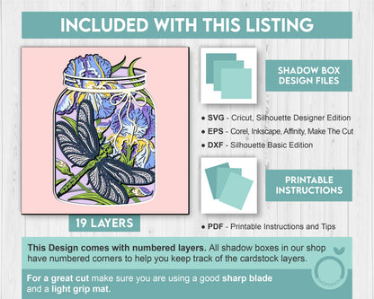 Dragonfly with Iris in Jar - 3D Shadow Box Layered SVG DXF EPS (Cutting Files)